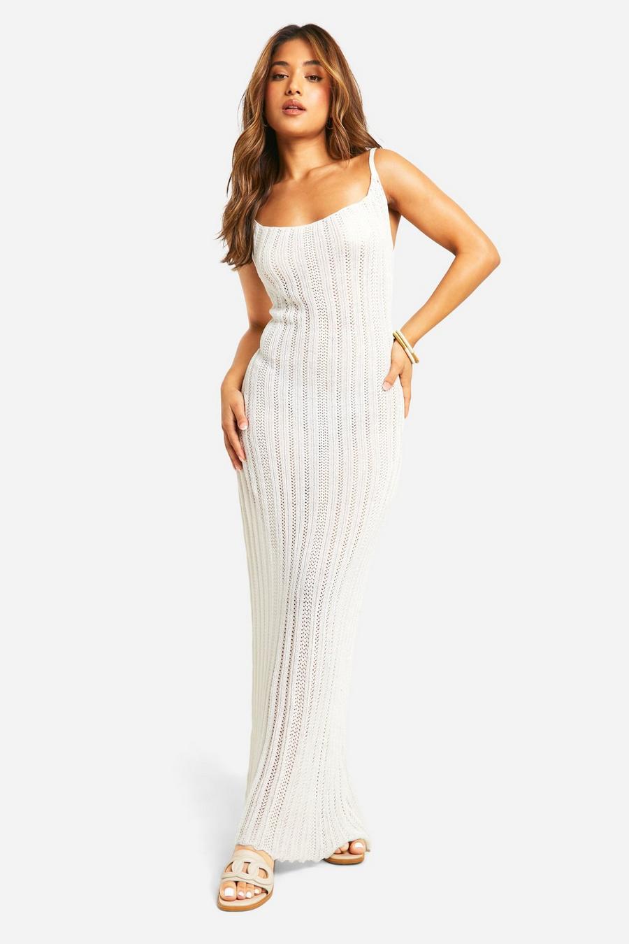 Ivory Petite Crochet Ladder Cowl Neck Knitted Maxi Dress image number 1