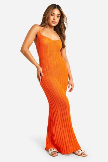 Orange Petite Crochet Ladder Cowl Neck Knitted Maxi Dress