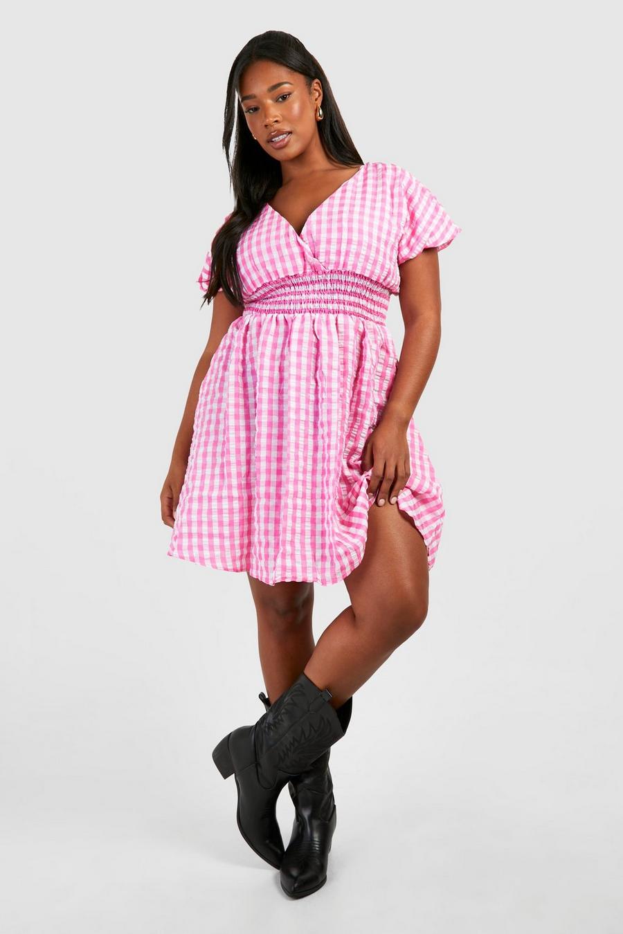 Pink Plus Textured Gingham Puff Sleeve Smock Dress image number 1