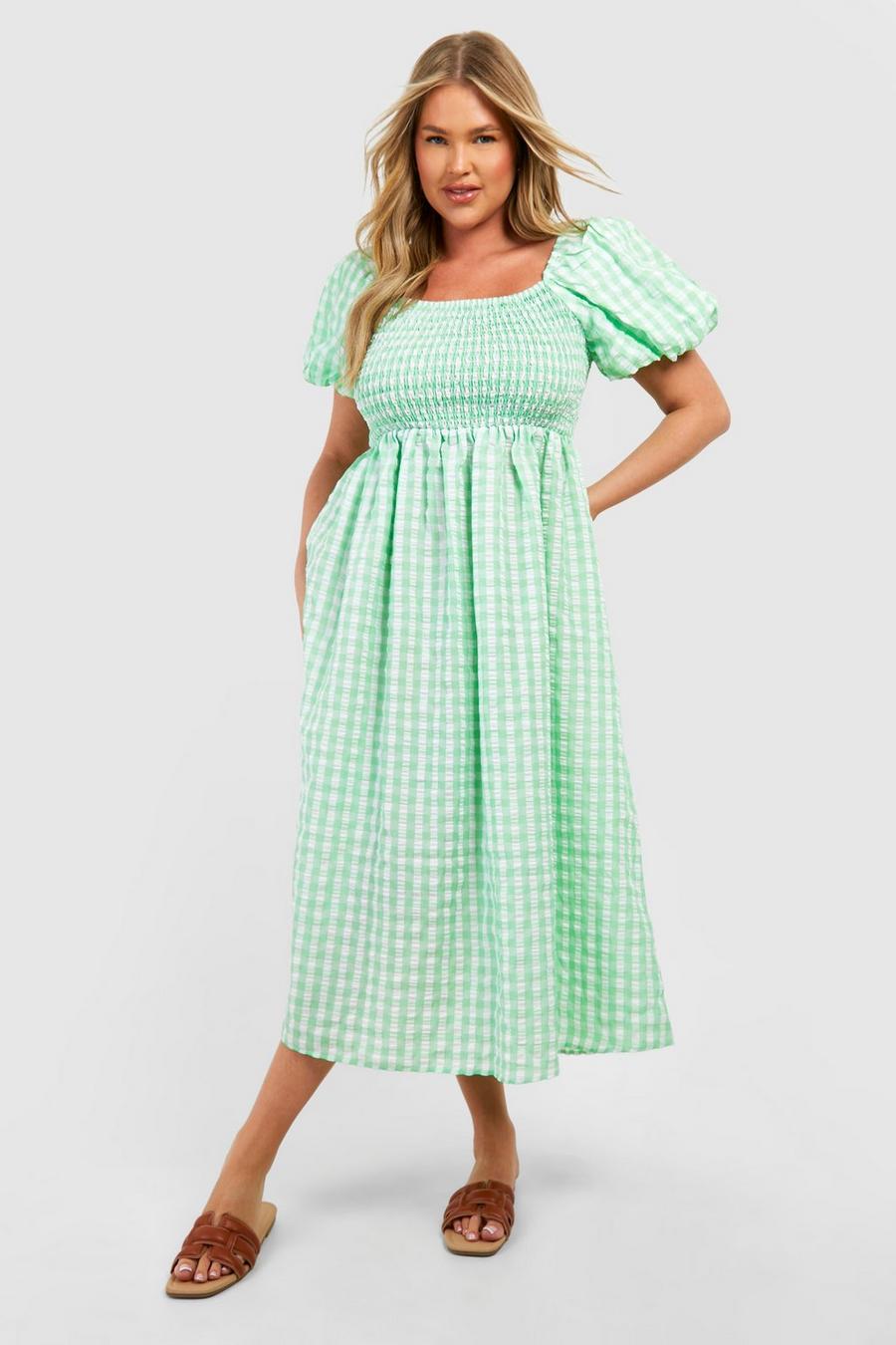 Green Plus Textured Gingham Puff Sleeve Miidi Dress image number 1