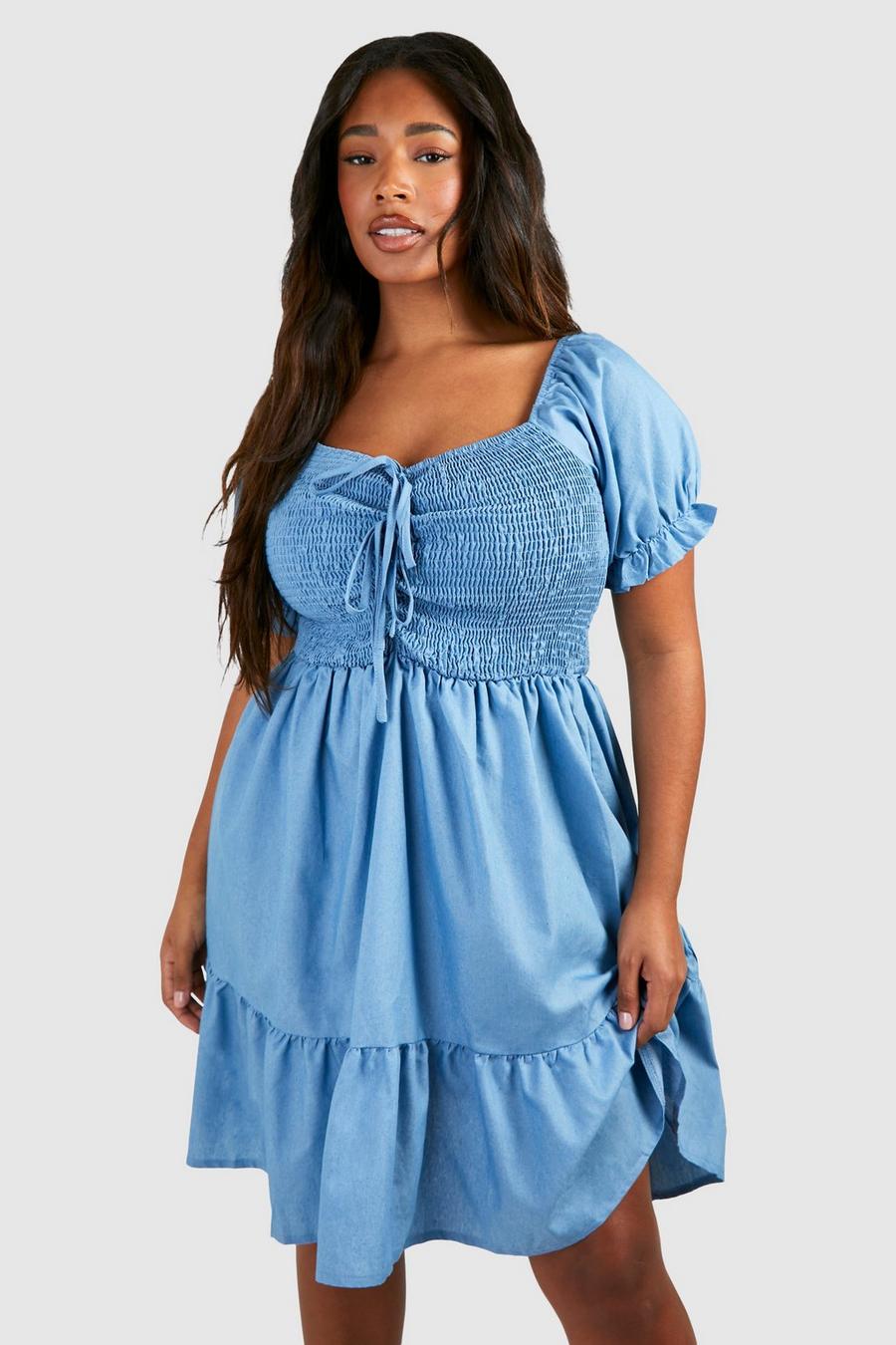 Blue Plus Chambray Puff Sleeve Mini Skater embroidered Dress image number 1