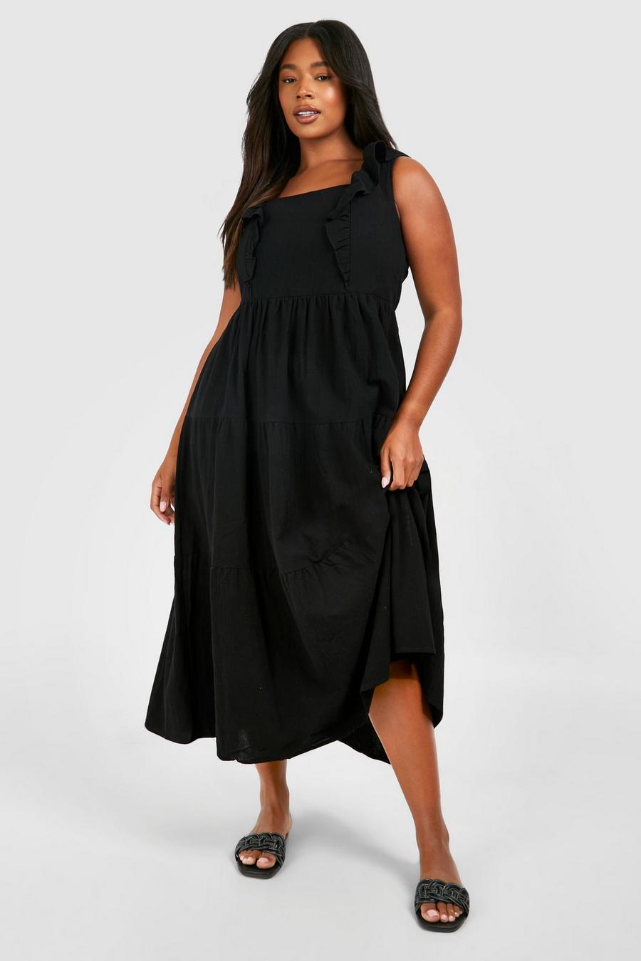Black Plus Linen Ruffle Midaxi Smock Dress image number 1
