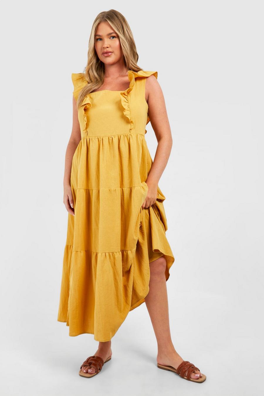 Vestito grembiule longuette Plus Size in lino con arricciature, Mustard image number 1