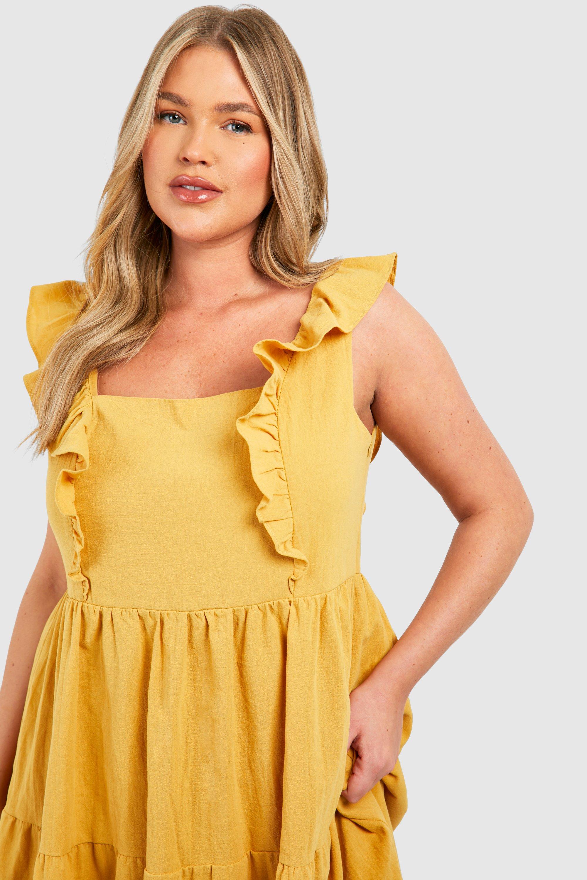 Plus Linen Look Ruffle Midaxi Smock Dress boohoo