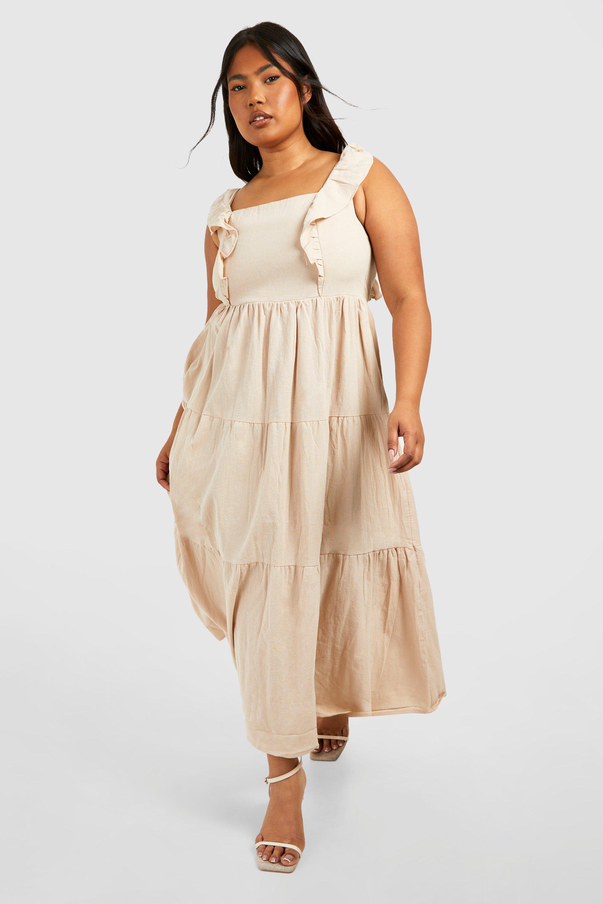 Women's Plus Linen Ruffle Midaxi Smock Dress | Boohoo UK