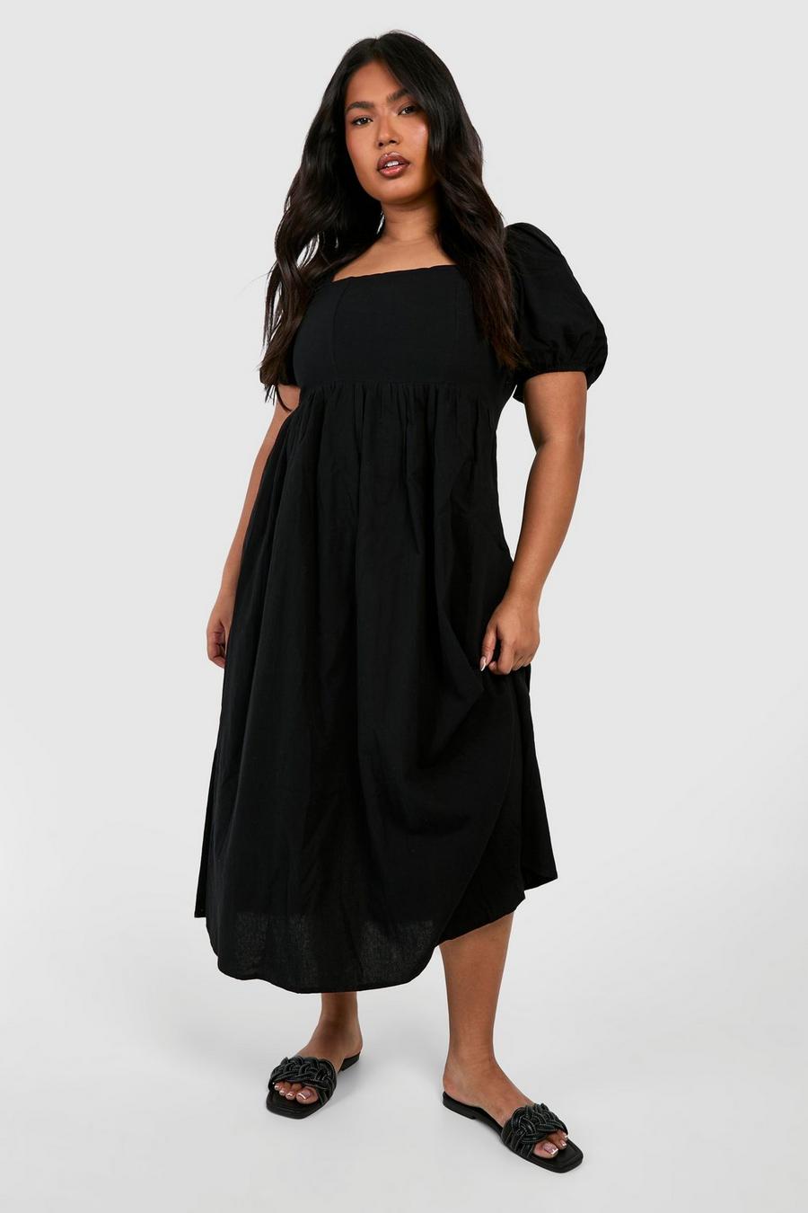 Black Plus Linen Puff Sleeve Midi Smock Dress image number 1