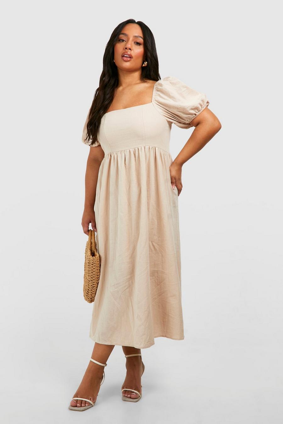 Stone Plus Linen Puff Sleeve Midi Smock Dress image number 1