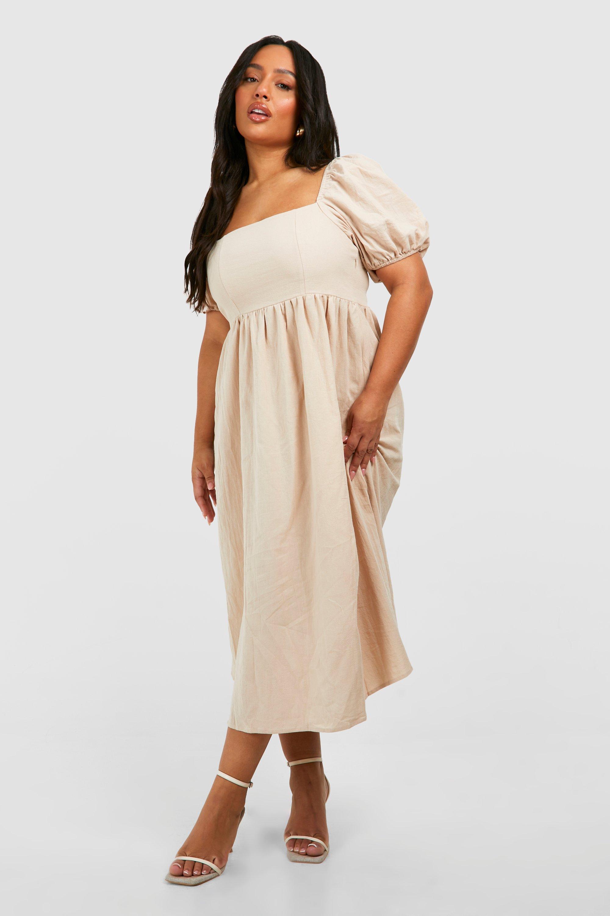Plus Linen Puff Sleeve Midi Smock Dress | boohoo USA