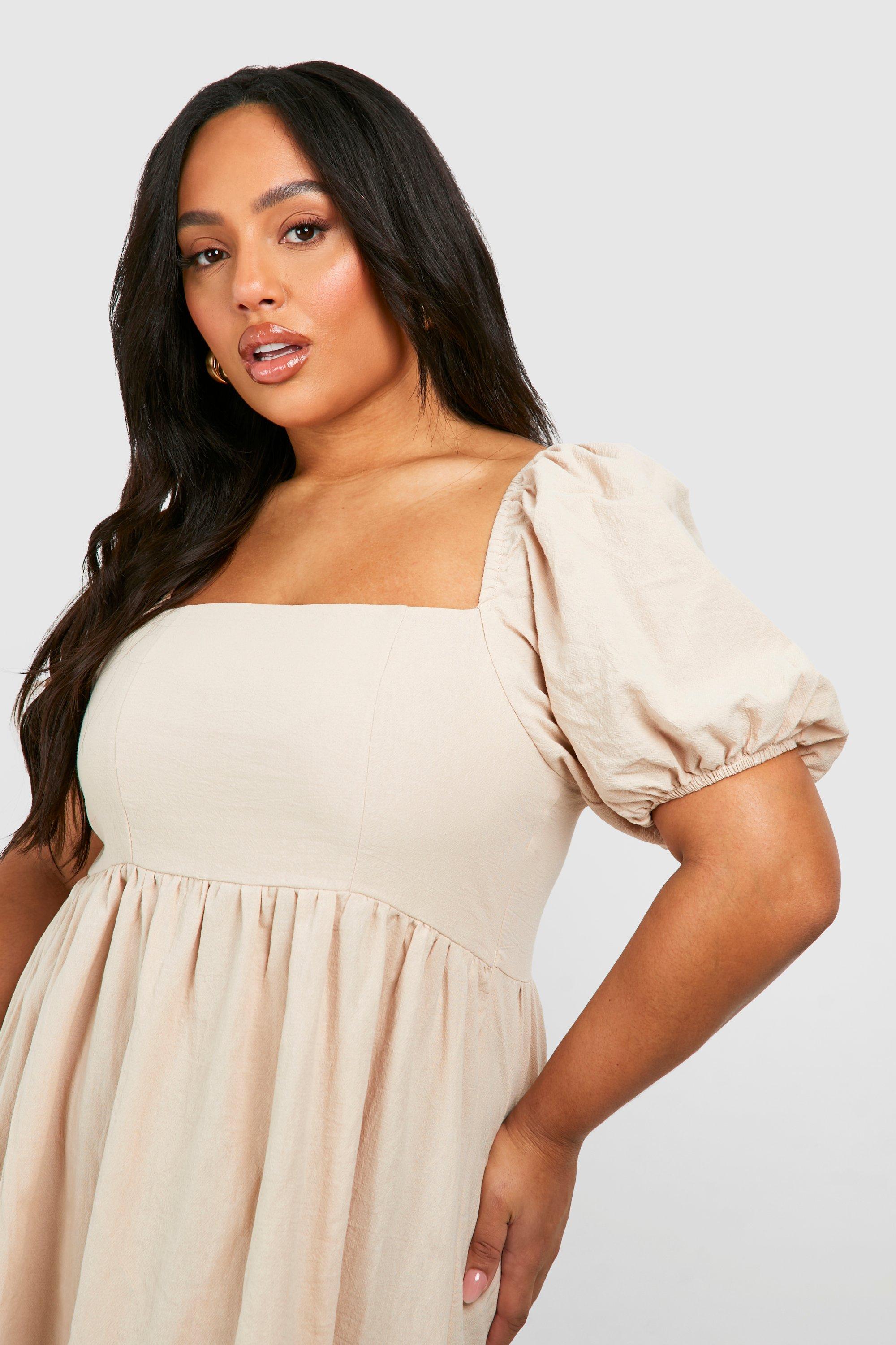 Plus Linen Puff Sleeve Midi Smock Dress | boohoo USA