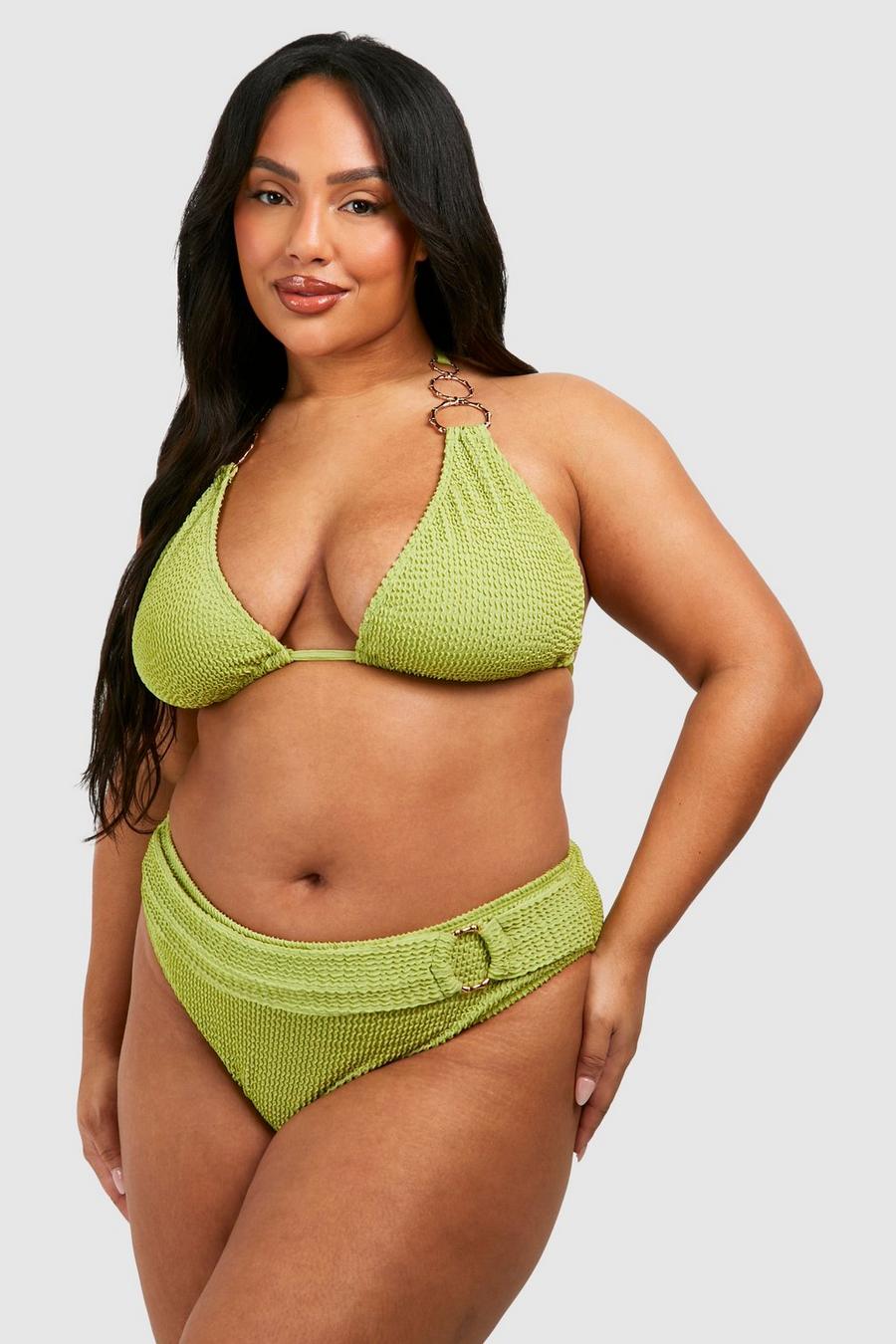 Top bikini Plus Size allacciato al collo con anello effetto goffrato, Olive image number 1