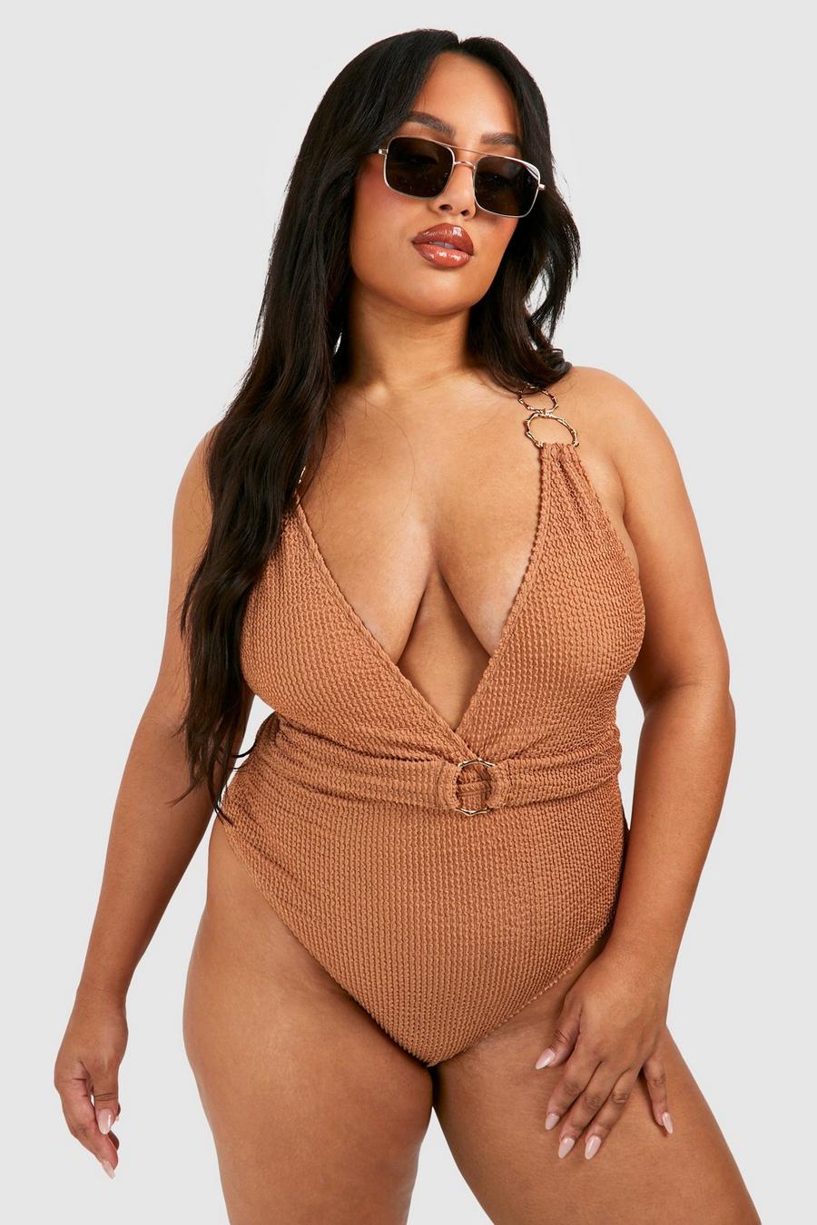 Taupe Plus Crinkle Ring Detail Plunge Swimsuit image number 1