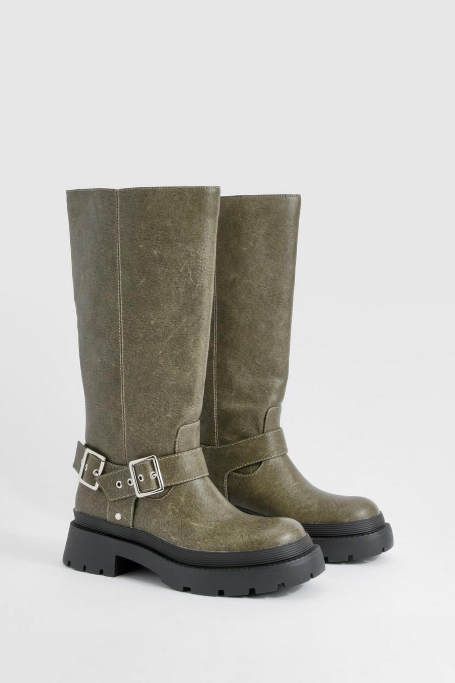 Khaki Washed Pu Knee High Biker Boots What image number 1