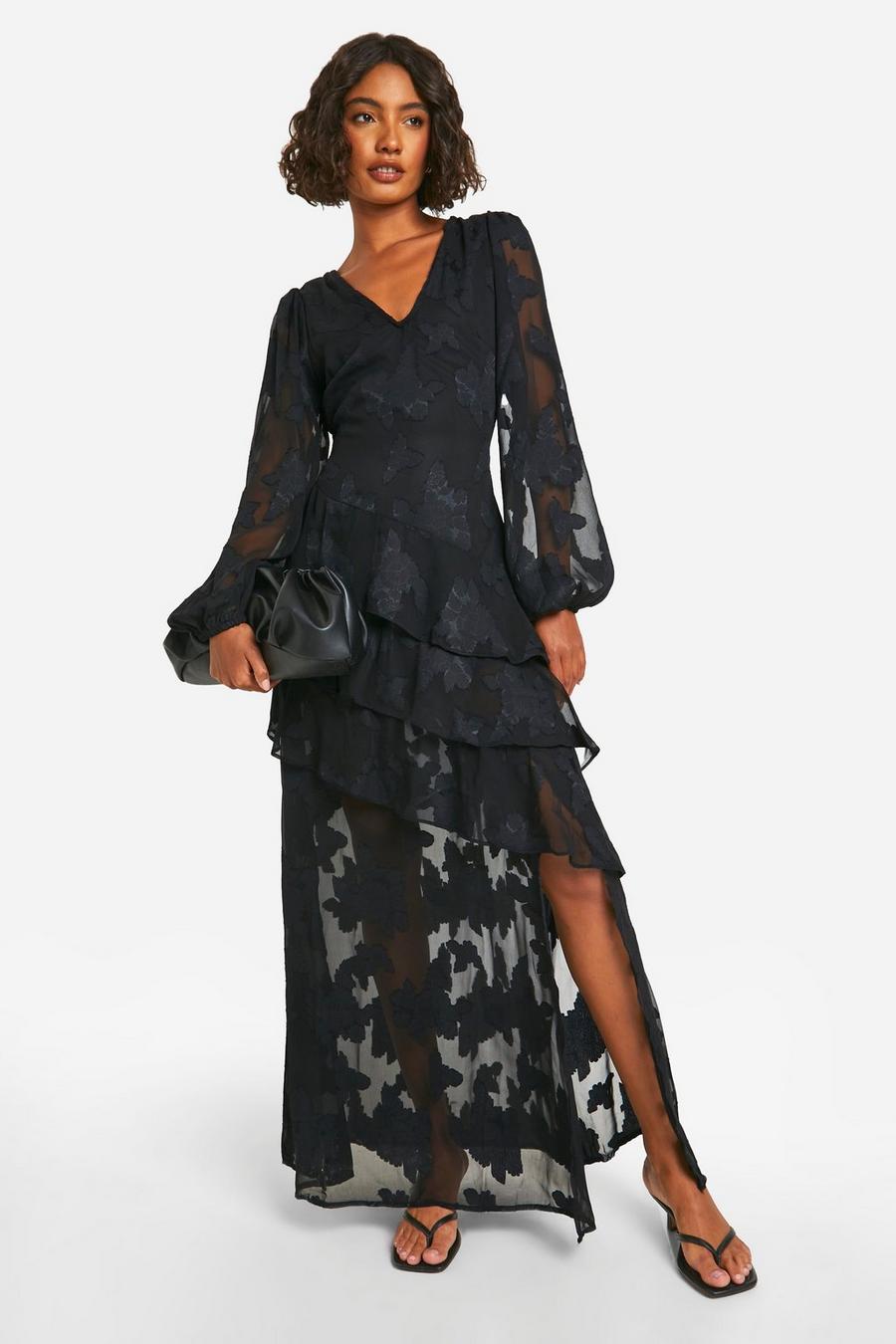 Black Tall Burnout Floral Frill Detail Maxi Dress  image number 1