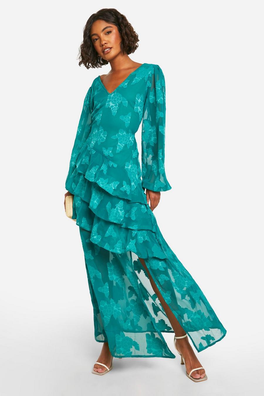 Green Tall Burnout Floral Frill Detail Maxi Dress  image number 1