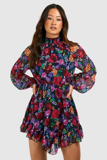 Black Tall Floral Print Chiffon High Neck Smock Dress