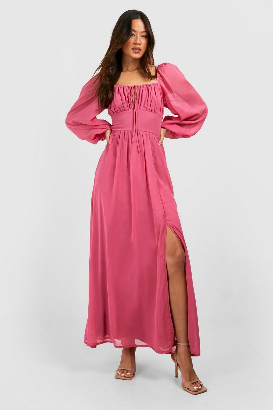 Vestito maxi Tall in chiffon stile Milkmaid, Dusty pink image number 1