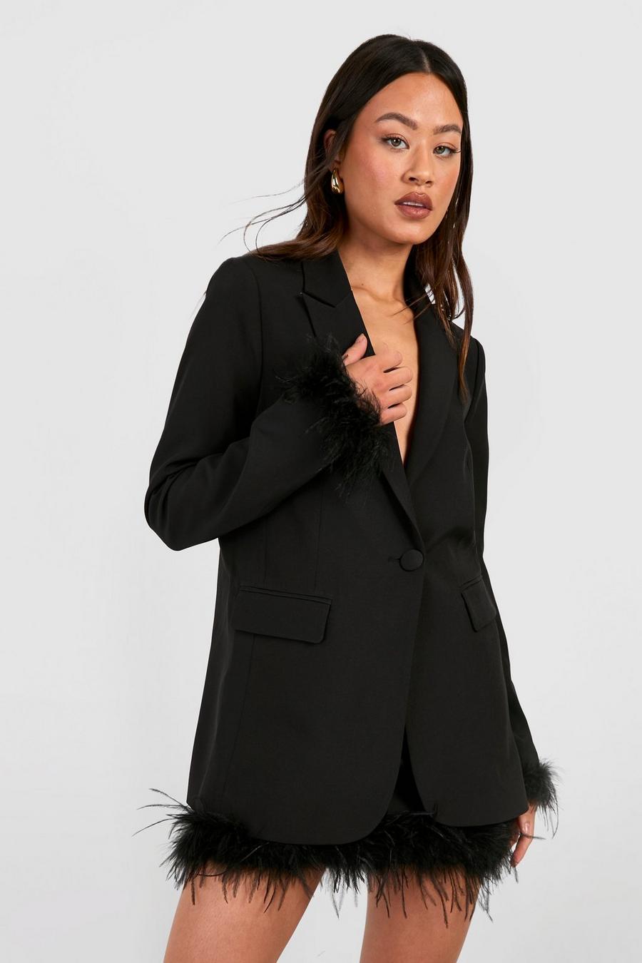 Black Tall Feather Trim Woven Blazer image number 1