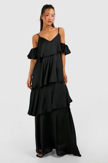 Black Tall Satin Tiered Ruffle Maxi Dress