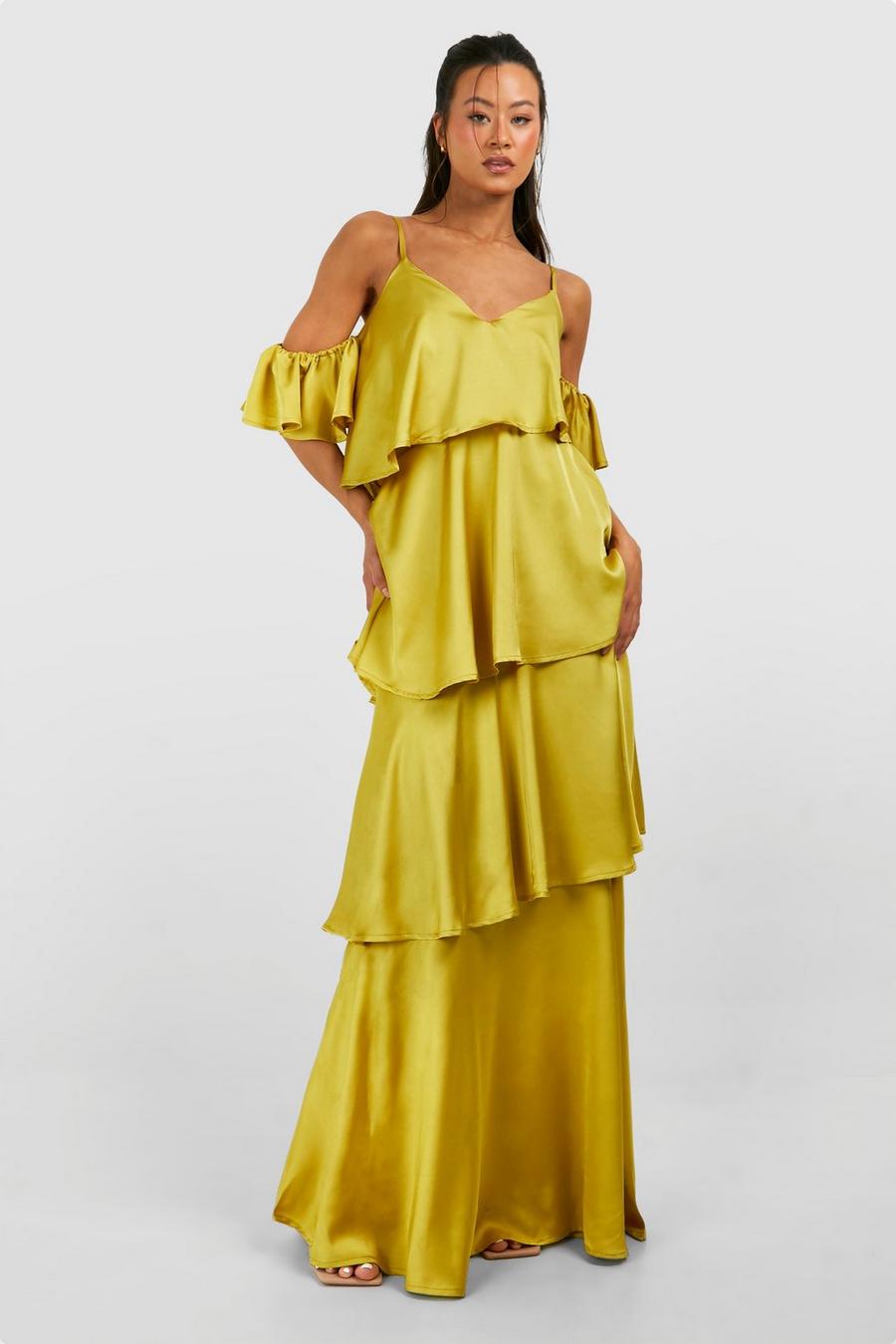 Lime Tall Satin Tiered Ruffle Maxi Dress  image number 1