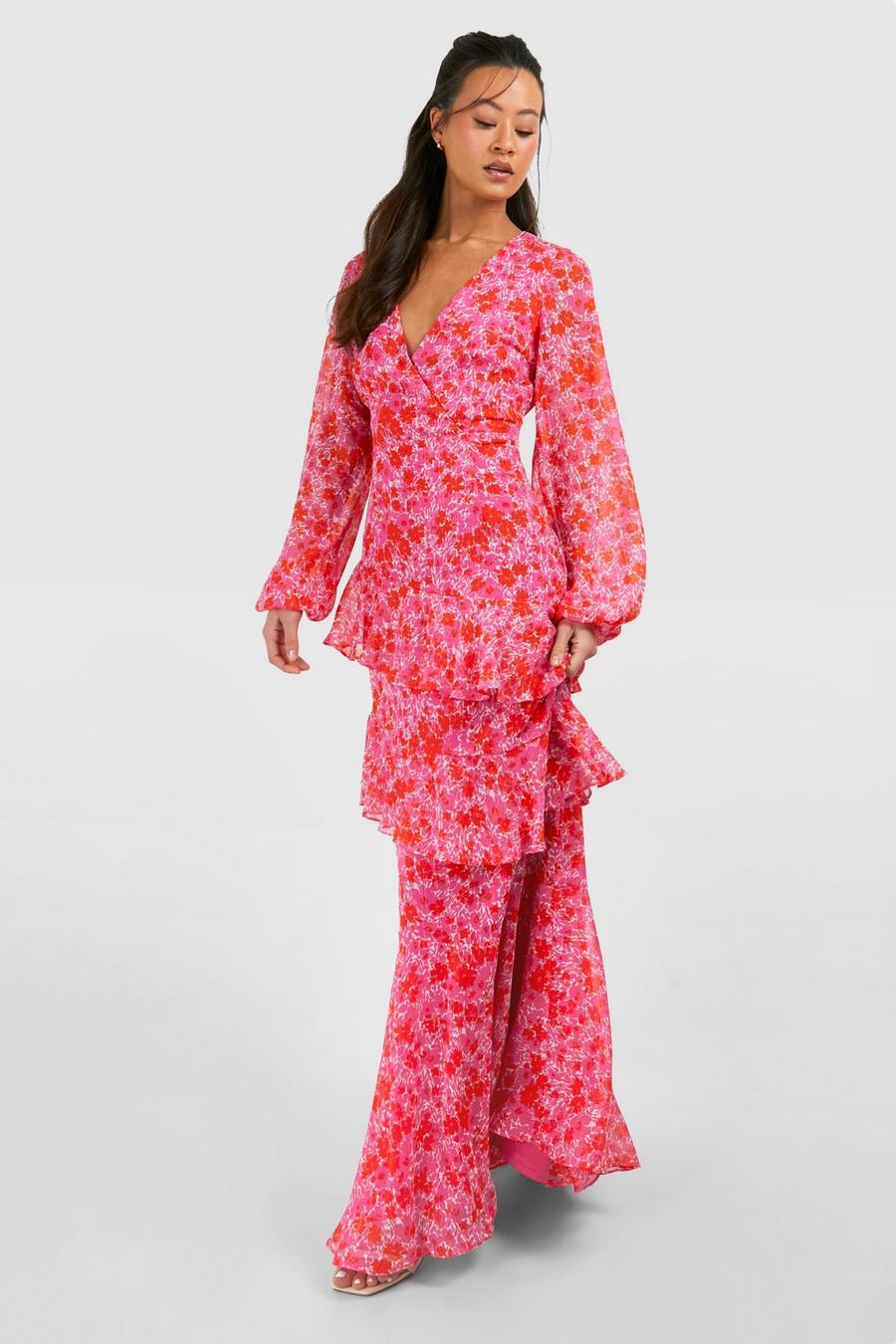 Vestido Tall maxi escalonado cruzado de tela con estampado de flores, Pink image number 1