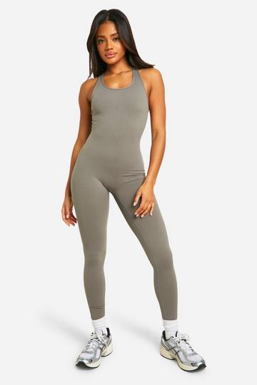 Premium Contour Unitard Jumpsuit Met Racer Rug En Lage Ronde Hals khaki