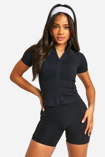 Black Premium Sculpt Zip Through Short Sleeve Top