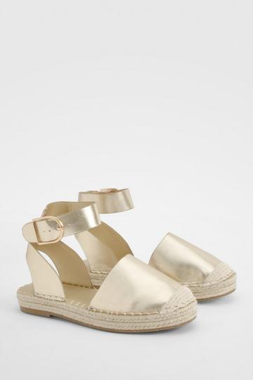 Gold Metallic Wide Width Closed Toe Buckle Detail Espadrilles