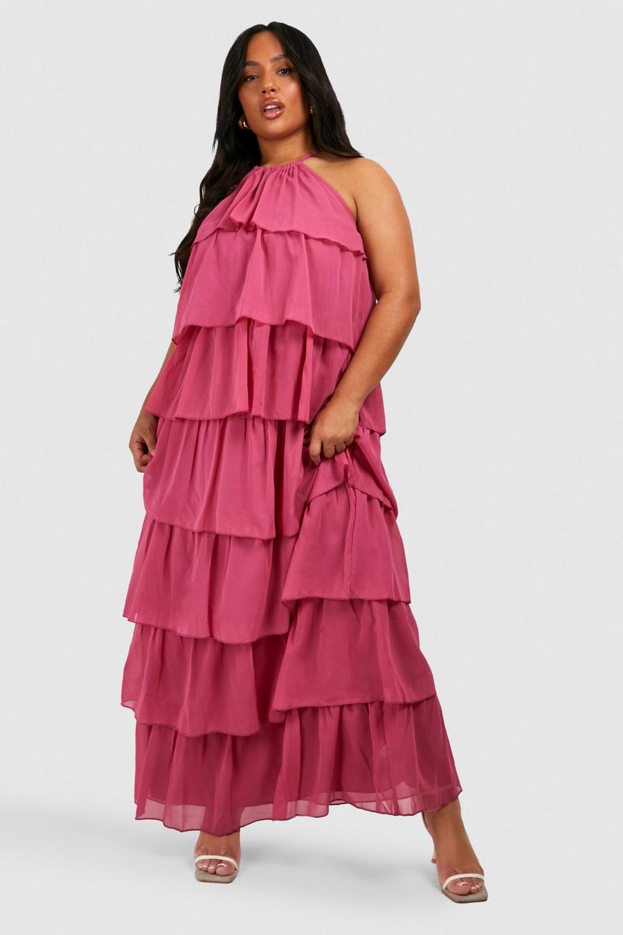 Vestito maxi Plus Size con balze, Pink