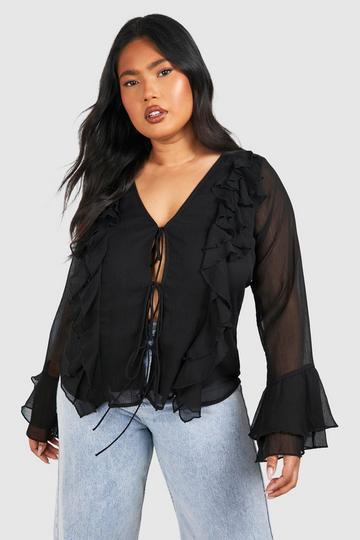 Black Plus Woven Ruffle Detail Tie Front Blouse