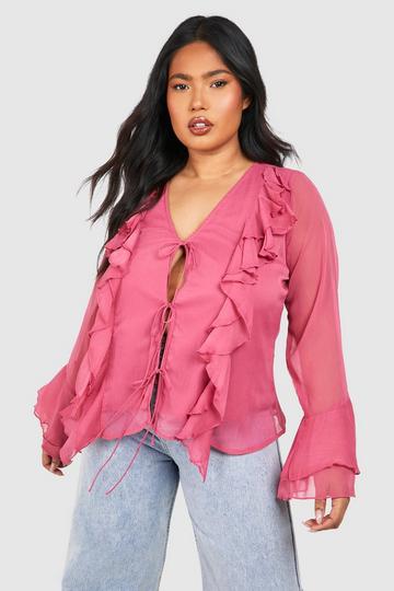 Plus Woven Ruffle Detail Tie Front Blouse rose