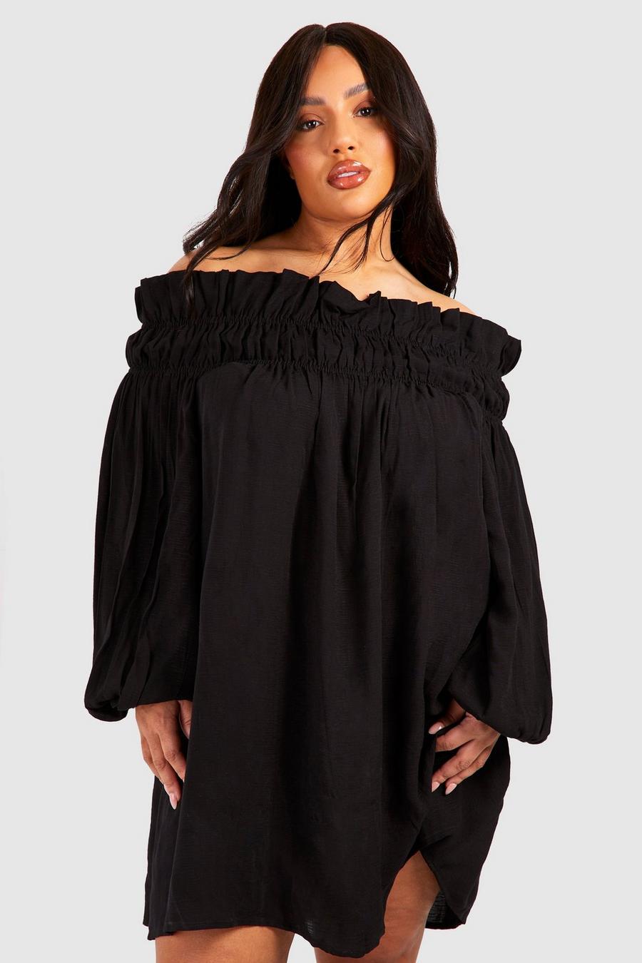 Black Plus Woven Textured Off The Shoulder Smock Dress  image number 1