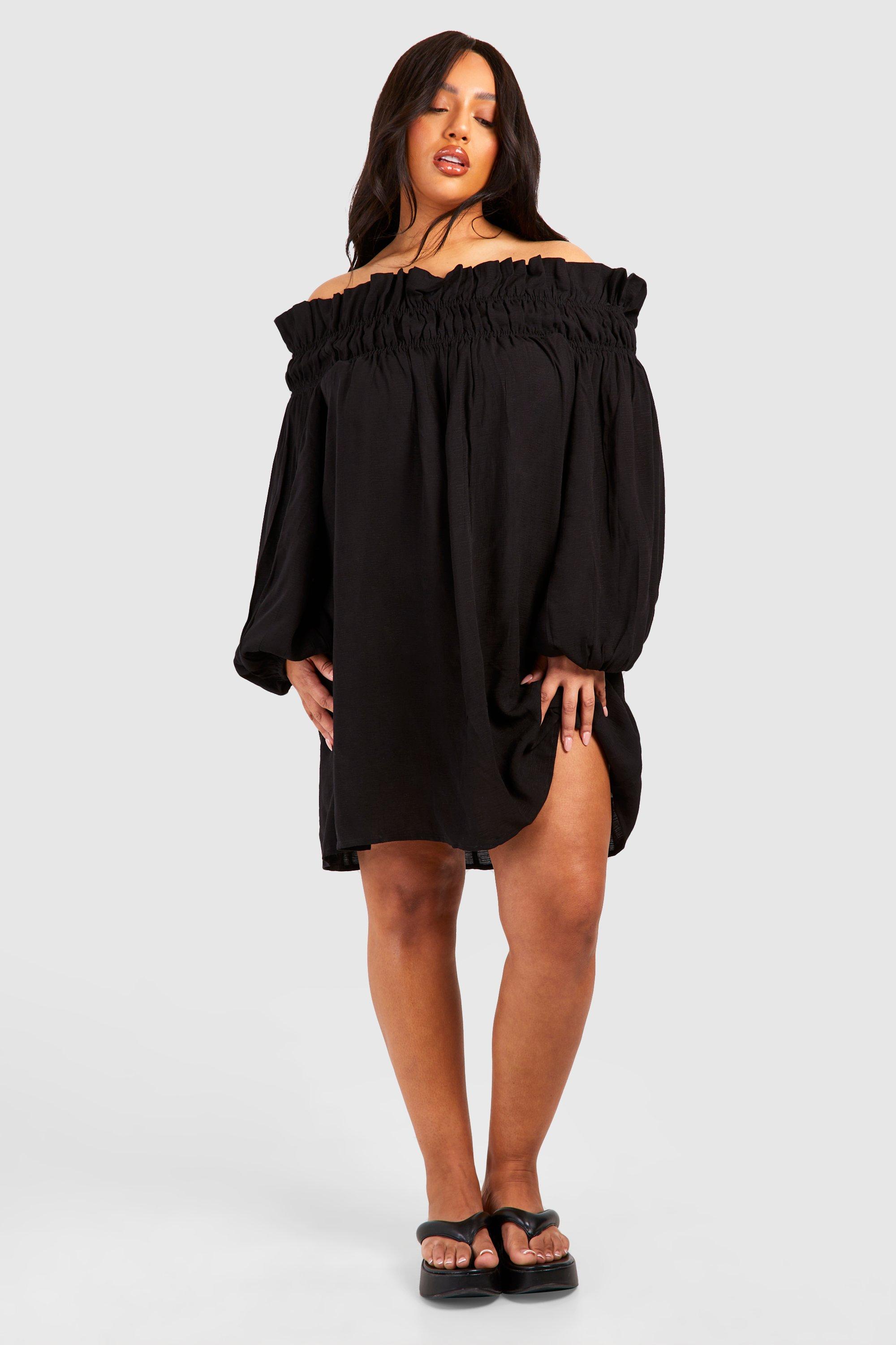Plus Woven Textured Off The Shoulder Smock Dress boohoo