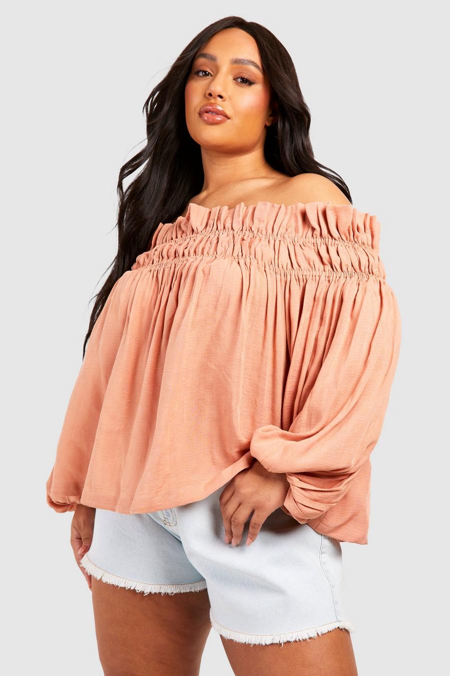 Almond Plus Woven Textured Off The Shoulder Smock Top
