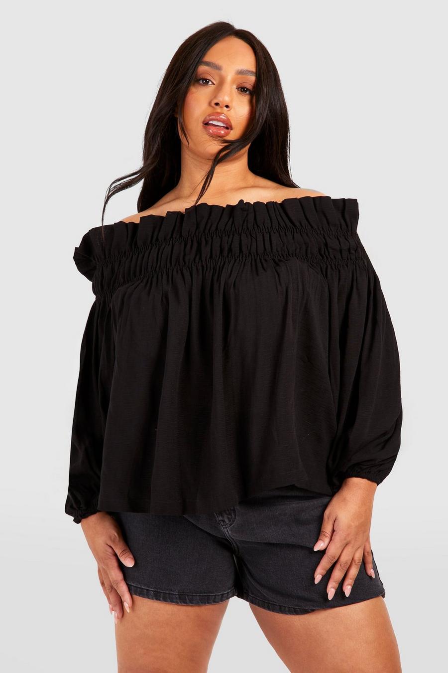 Plus Woven Textured Off The Shoulder Smock Top, Black