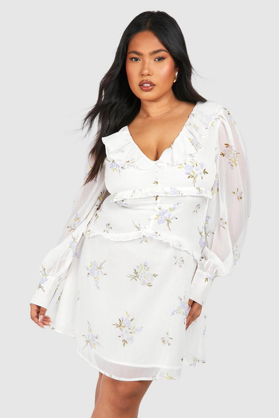 Cream Plus Woven Floral Print Ruffle Detail Long Sleeve Mini Dress image number 1