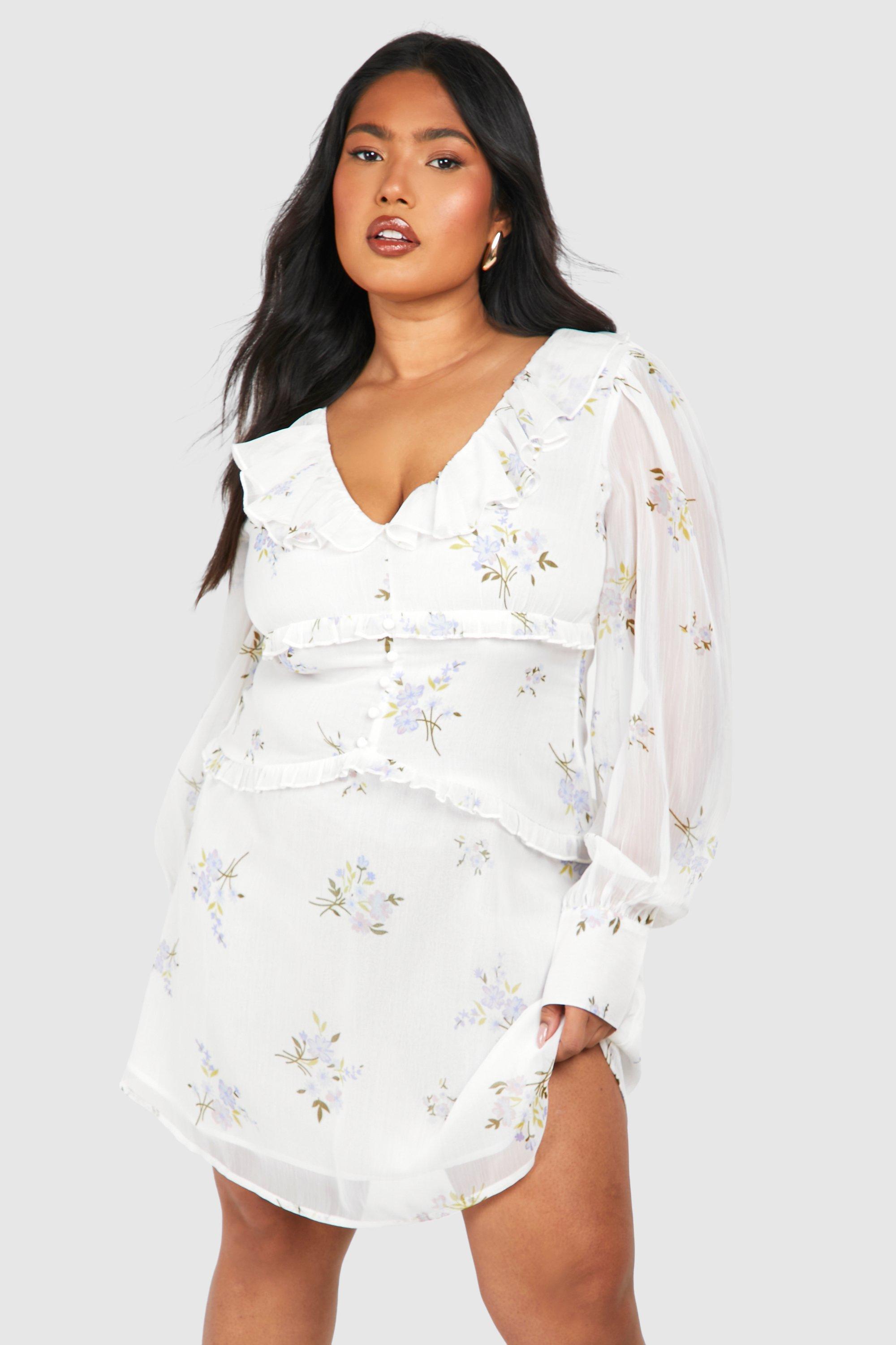 Plus Woven Floral Print Ruffle Detail Long Sleeve Mini Dress