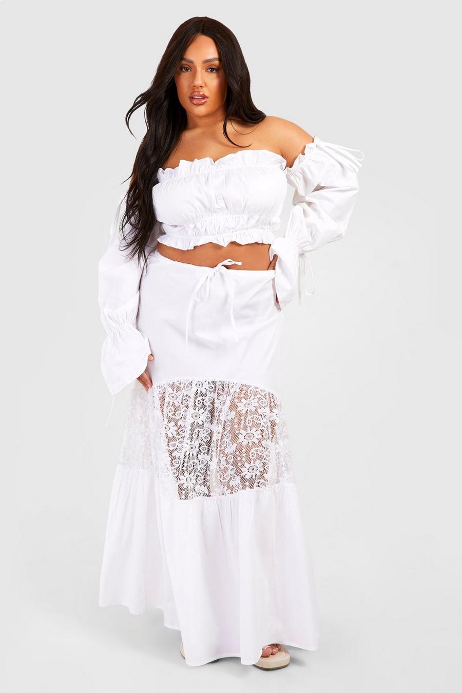 Plus Woven Lace Panel Maxi Skirt , White