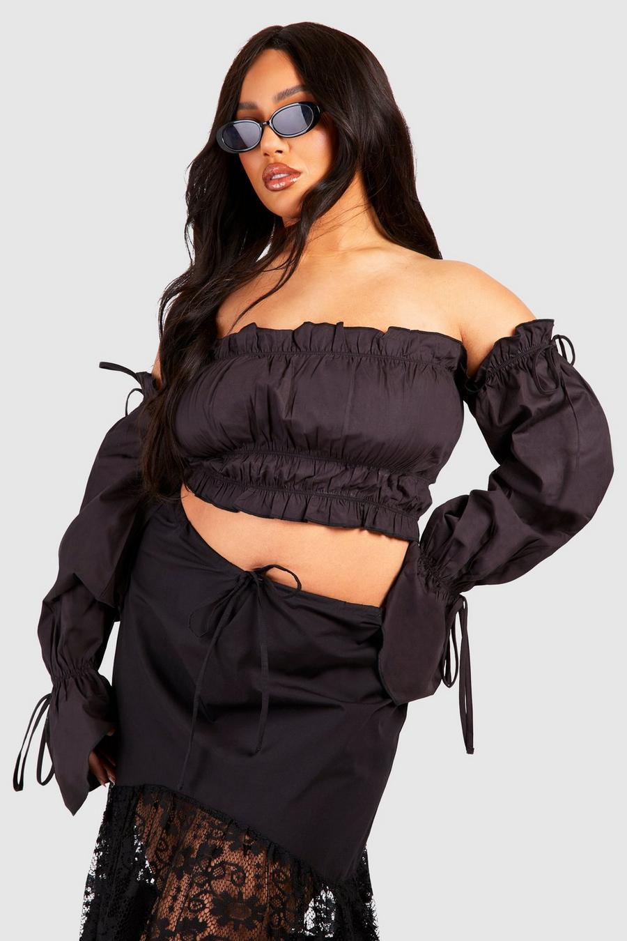 Black Plus Woven Off The Shoulder Flared Sleeve Crop Top