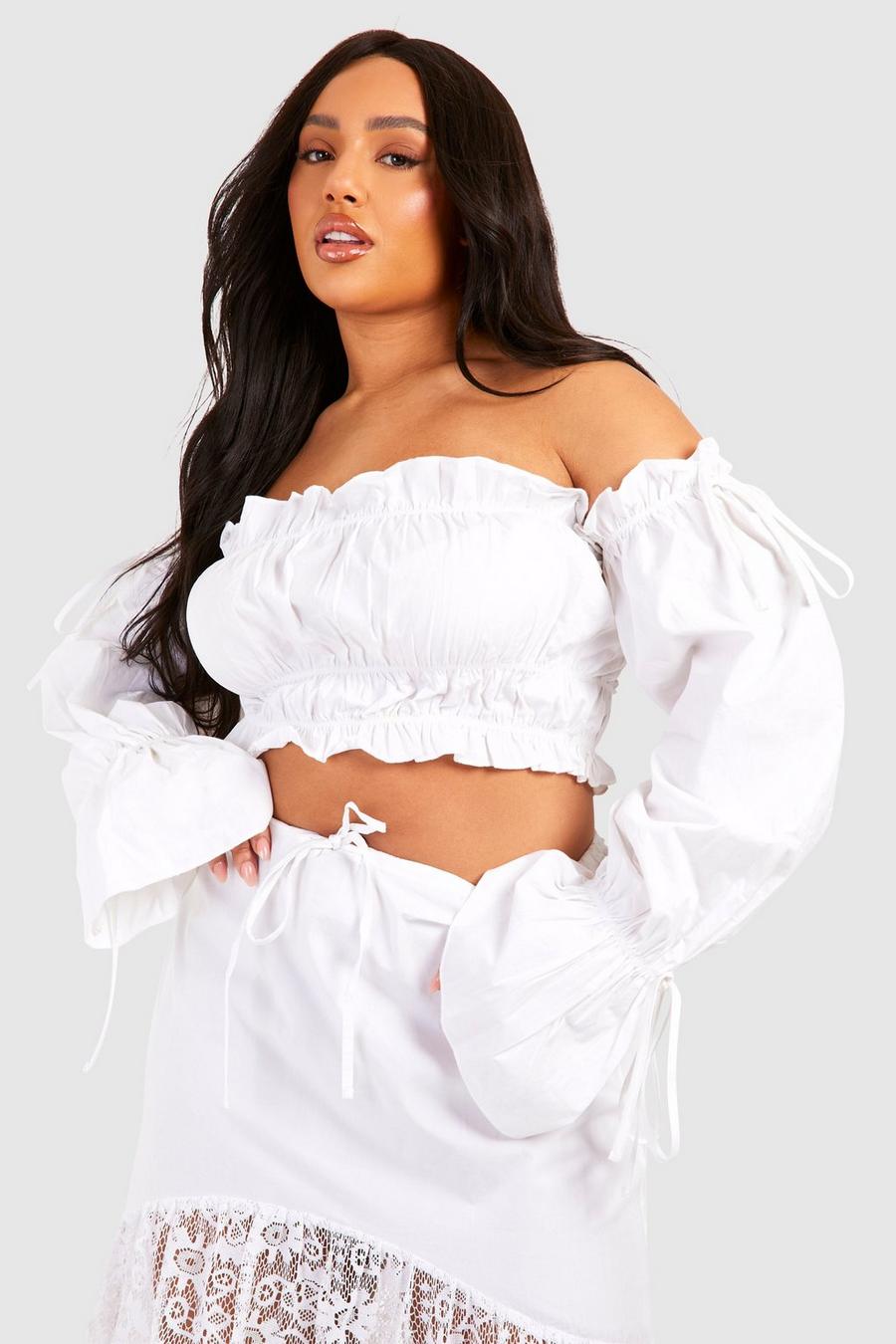 White Plus Woven Bardot Flared Sleeve Crop Top  image number 1