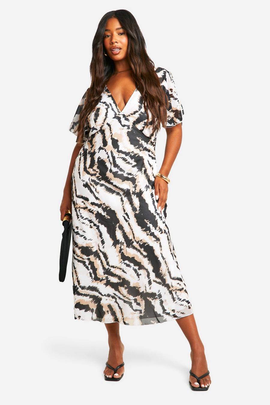 Brown Plus Woven Tiger Print Angel Sleeve Midaxi Dress  image number 1