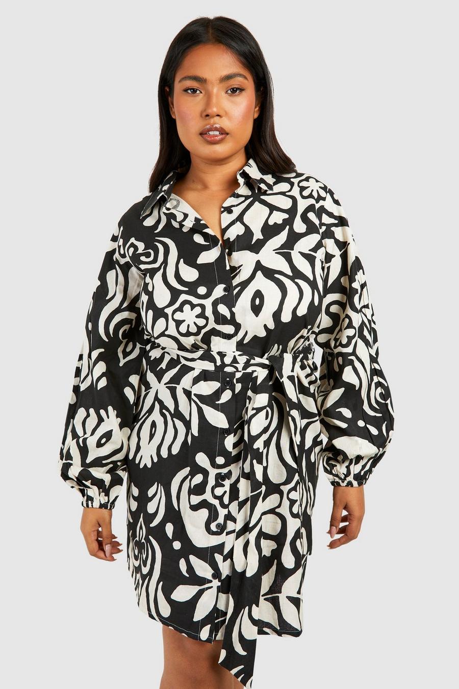 Mono Plus Linen Feel Abstract Print Belted Shirt Dress  image number 1