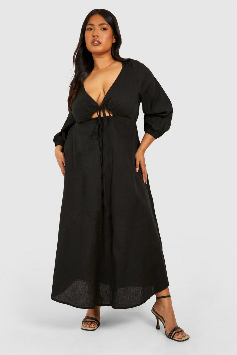 Vestito longuette Plus Size in lino con cut-out, Black image number 1