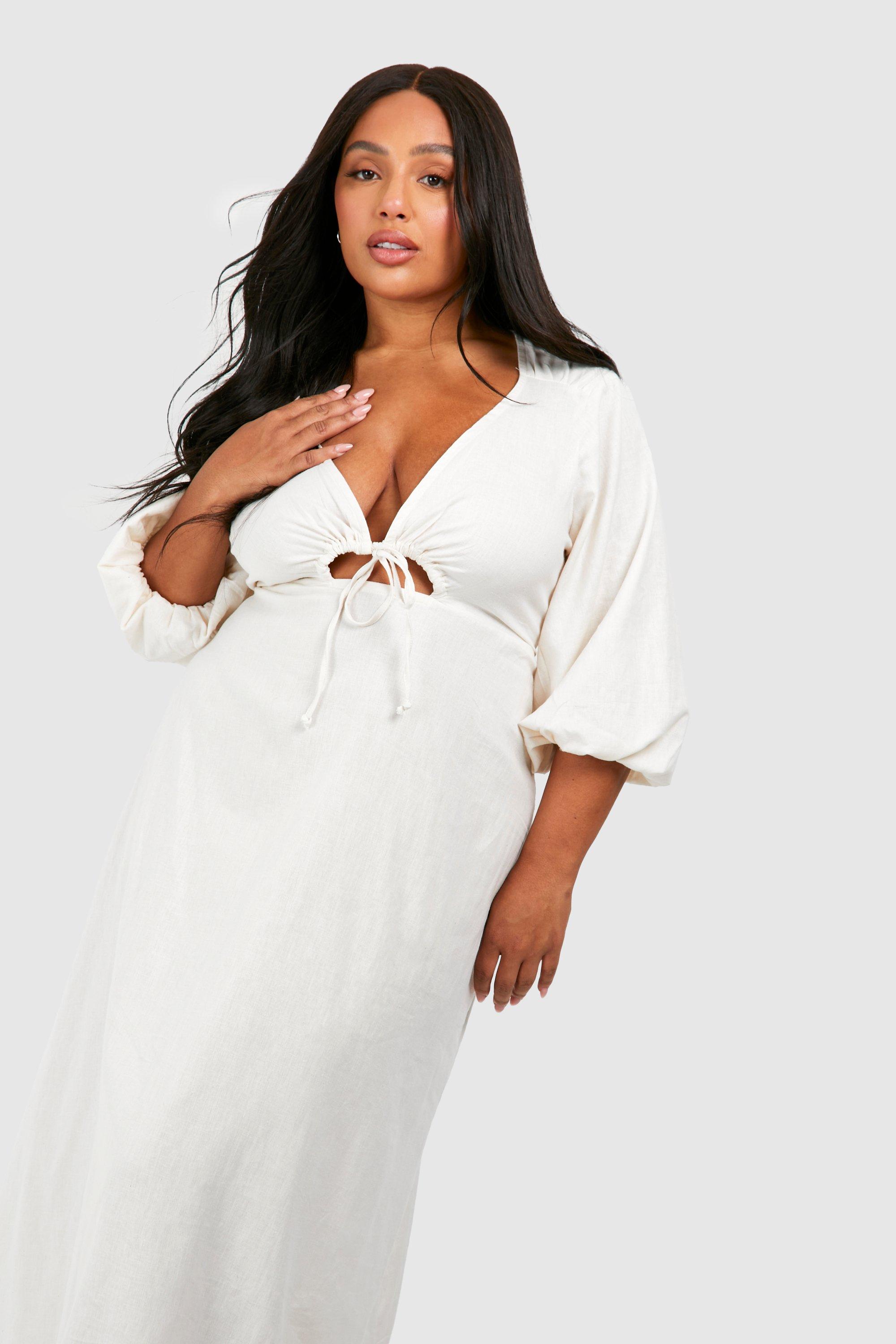 Plus Linen Feel Cut Out Detail Midi Dress | boohoo USA