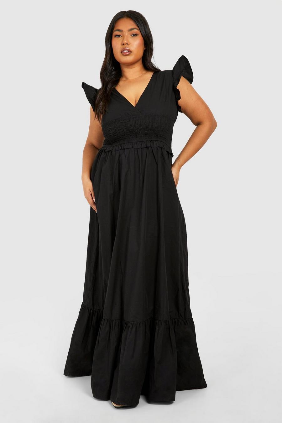 Black Plus Woven Shirred Plunge Maxi Dress  image number 1
