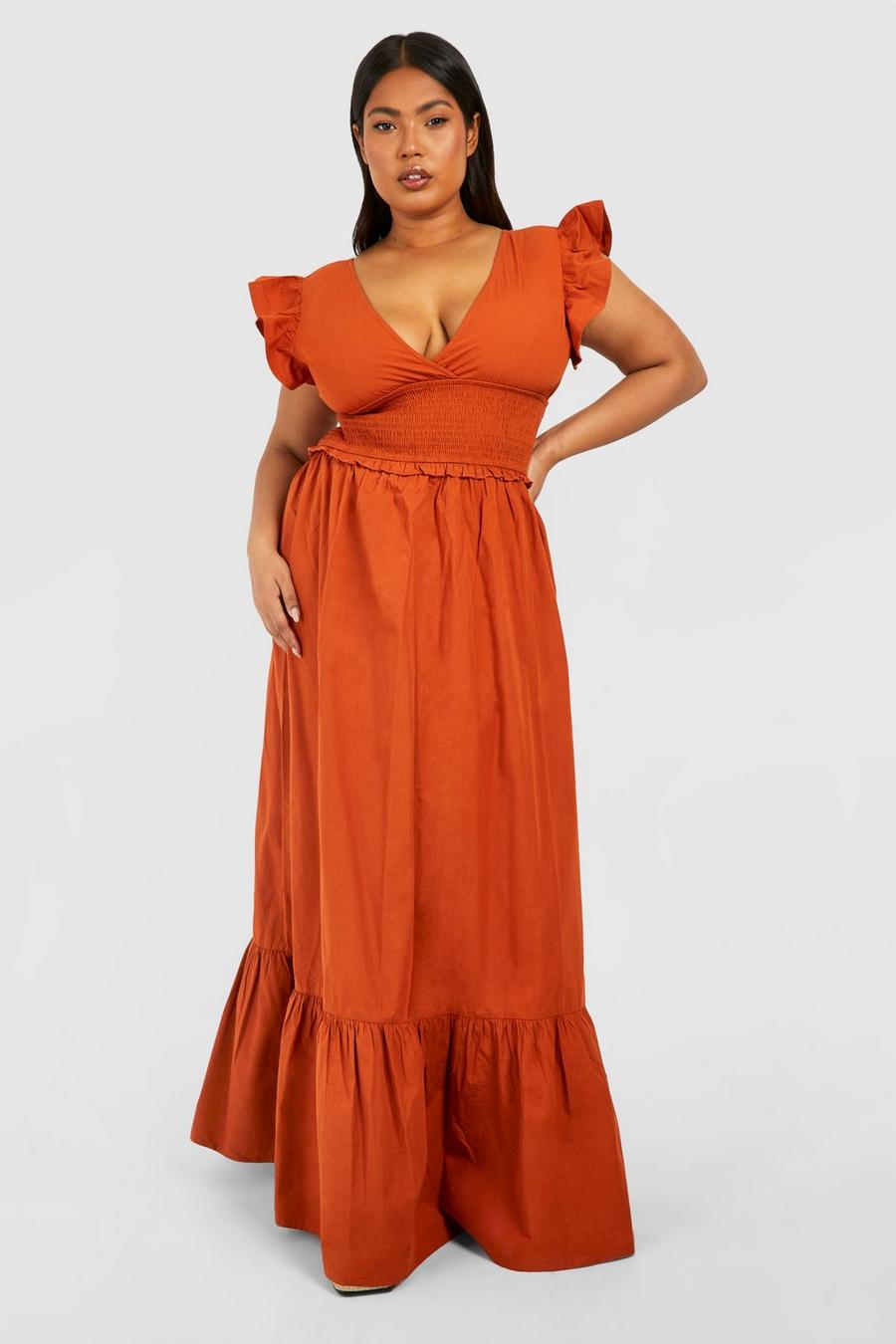 Rust Plus Woven Shirred Plunge TH1203 Dress