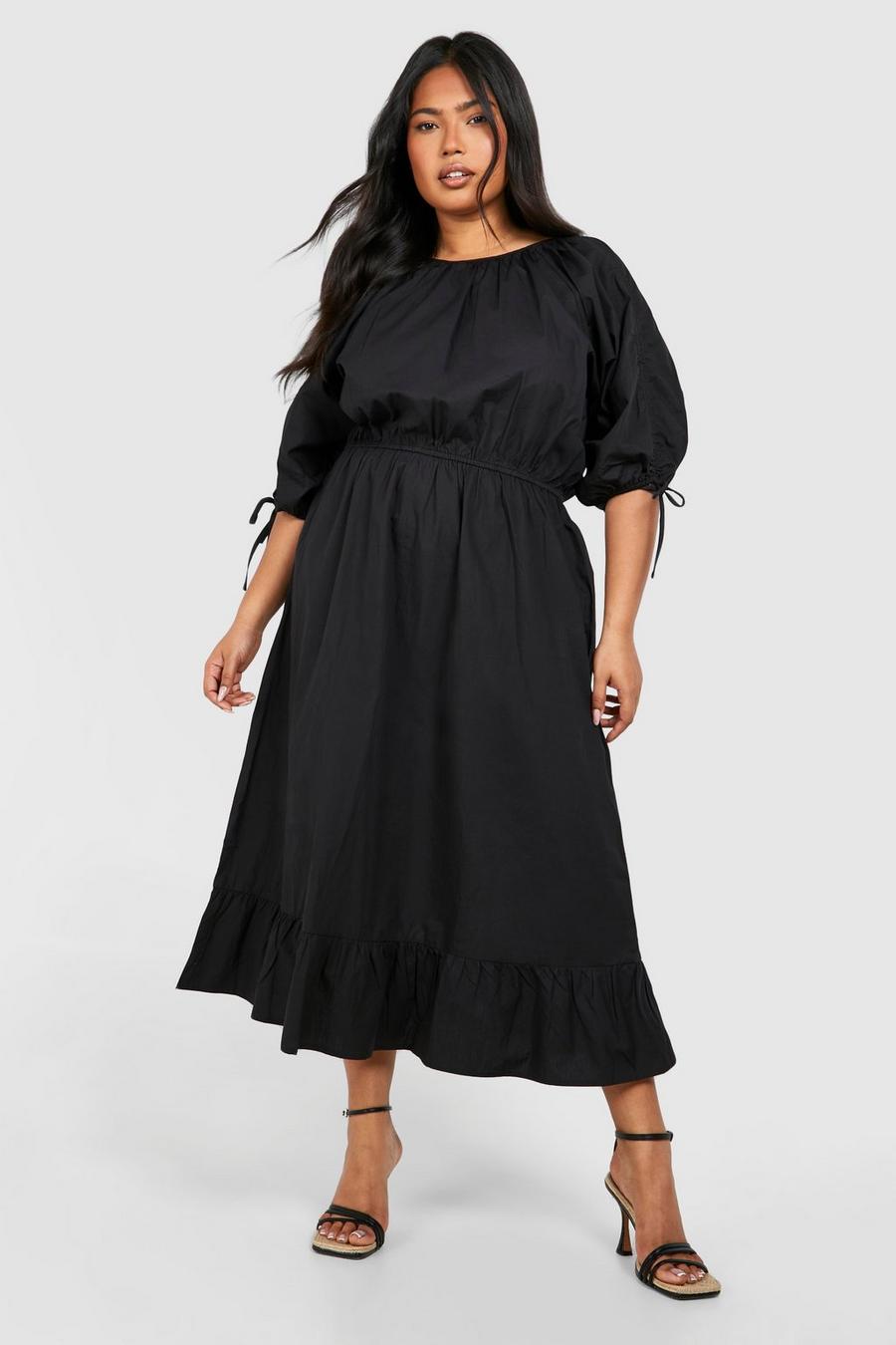 Plus Woven Puff Sleeve Tiered Midaxi Dress , Black