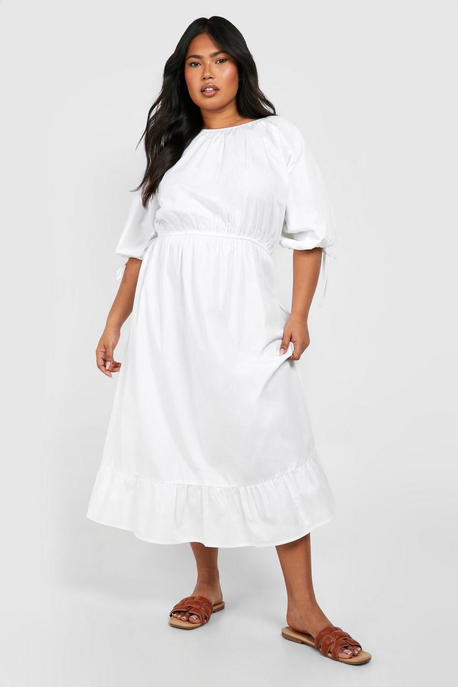 White Plus Woven Puff Sleeve Tiered Midi Dress