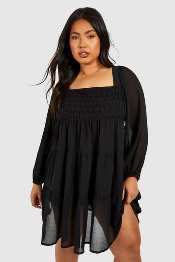 Plus Woven Balloon Sleeve Tiered Mini Dress black