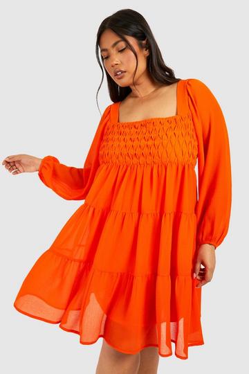 Plus Woven Balloon Sleeve Tiered Mini Dress orange