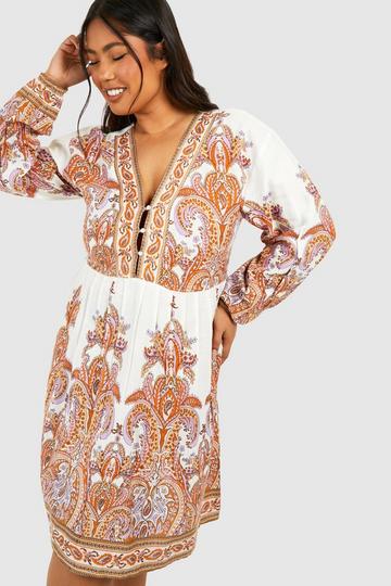 Plus Woven Paisley Print Smock Dress ecru